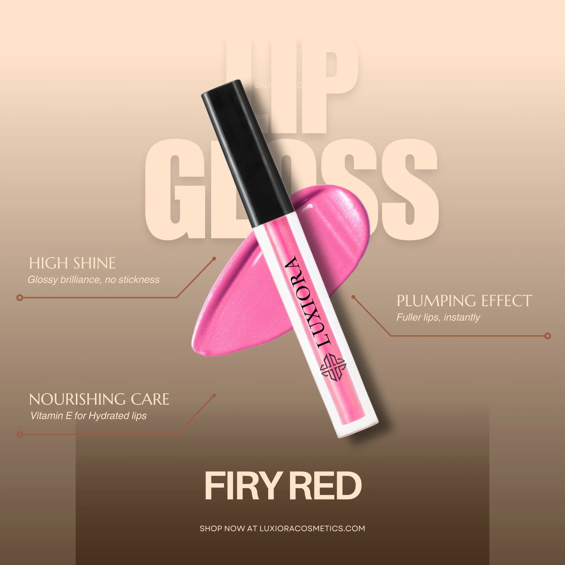 Luxiora cruelty-free lip gloss Lustrous Pop Firy Red, ultra-glossy, lightweight, nourishing red lip shine