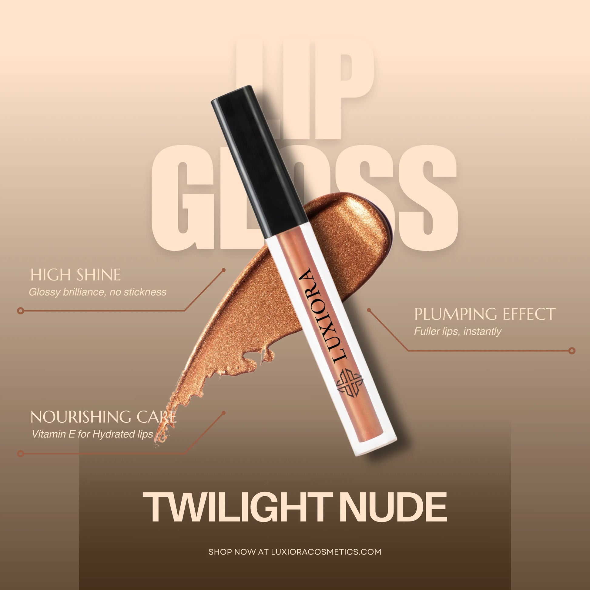 Luxiora hydrating Twilight Nude Lip Gloss, ultra-glossy, nourishing, suitable for all skin tones