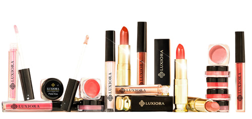 Luxiora makeup products including lipsticks and lip glosses