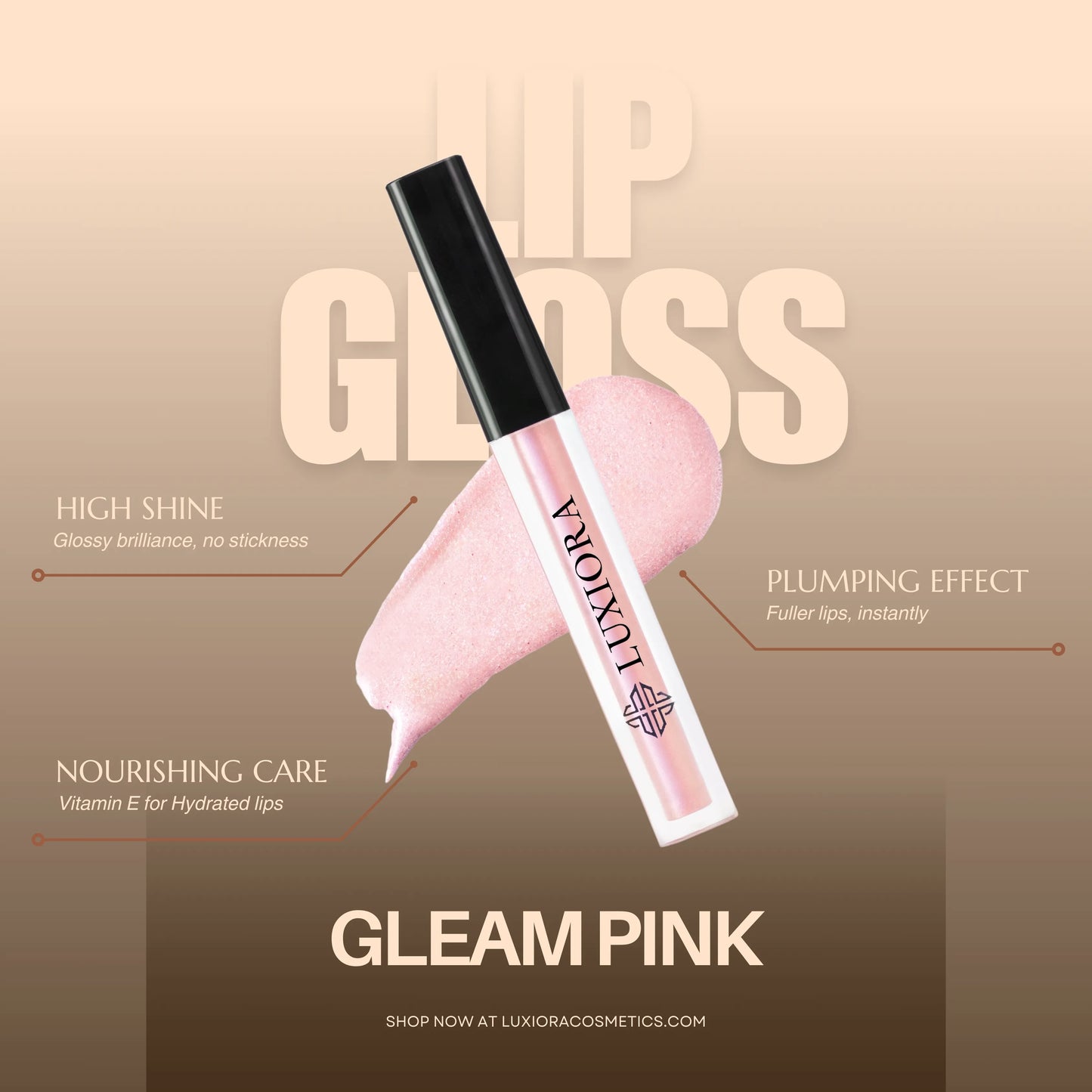 Luxiora cruelty-free lip gloss Lustrous Pop Gleam Pink, ultra-glossy, lightweight, nourishing lip shine