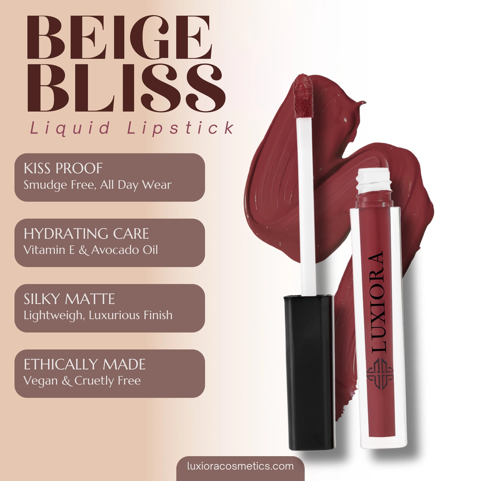 beige bliss, Luxiora Beige Bliss Luxe Liquid Lipstick, brown pink nude color