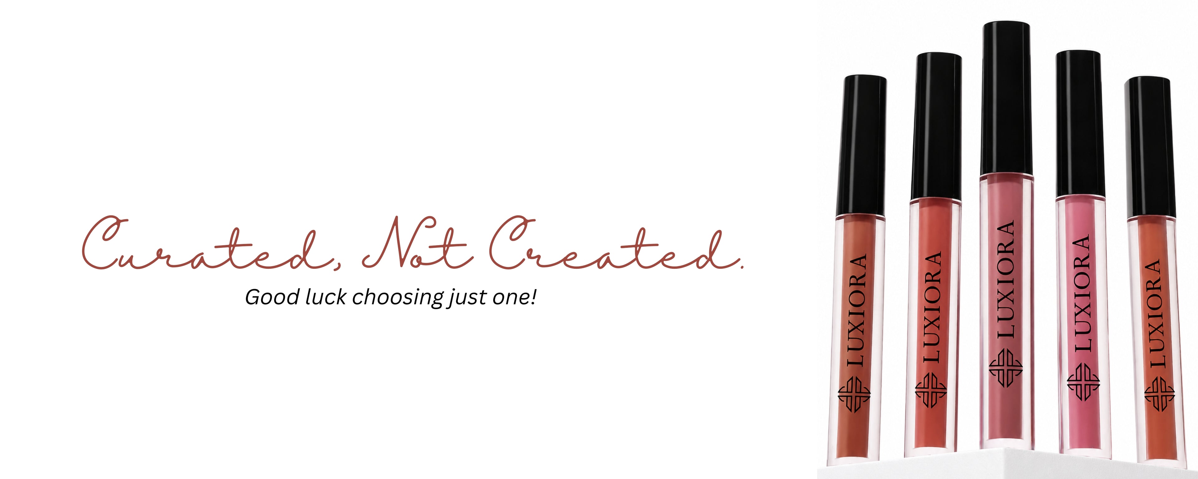 Five Luxiora nude liquid lipsticks — terracotta, brown, rosy pink, berry and mauve