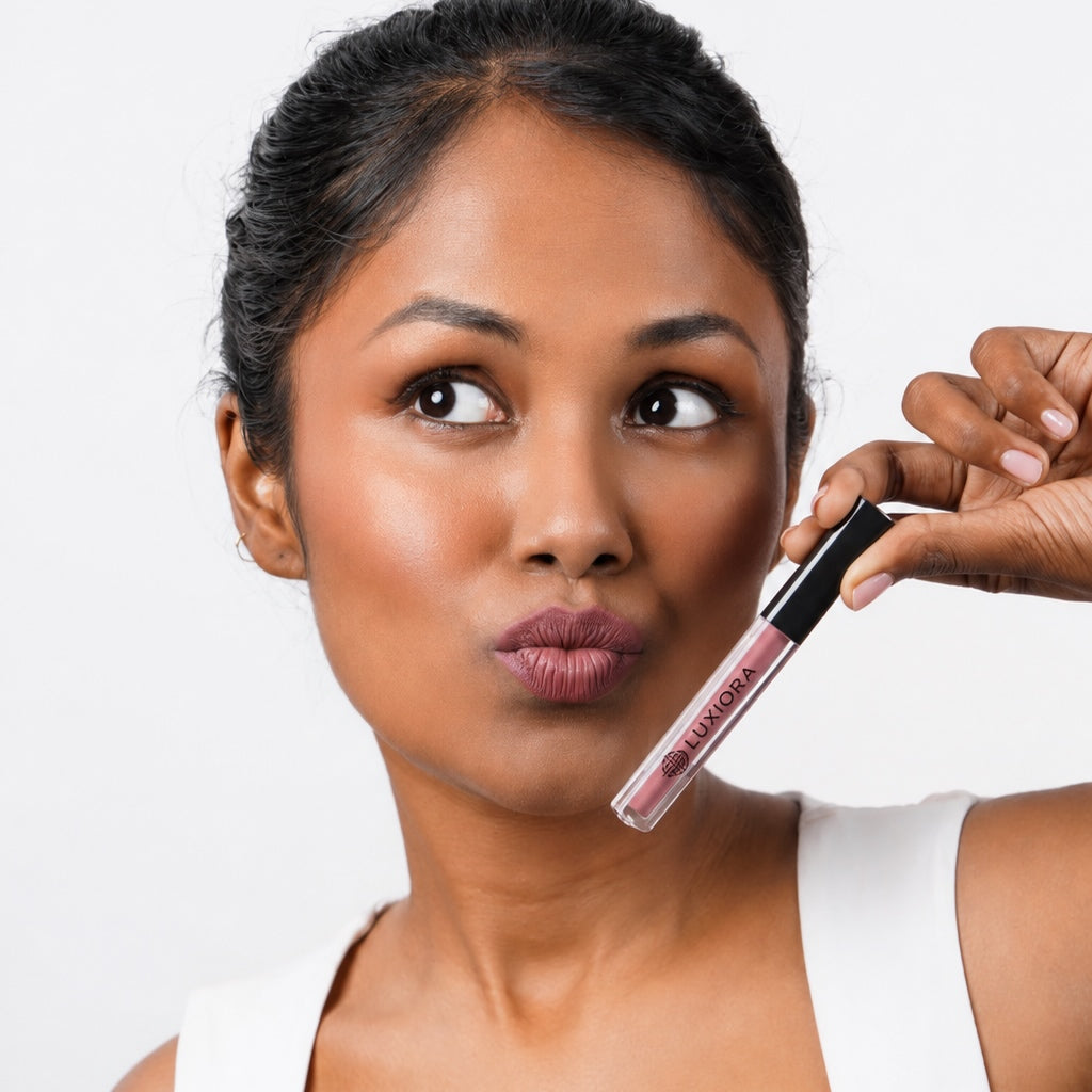Bare Vibe mauve nude Model wearing Luxiora Bare Vibe mauve nude lipstick on Indian skin, velvet matte
