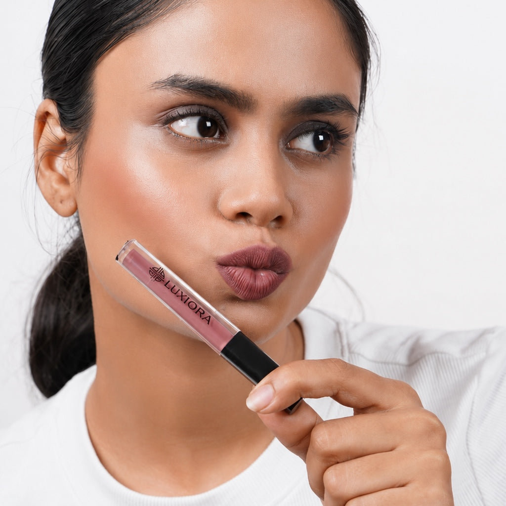 Bare Vibe mauve nude Model wearing Luxiora Bare Vibe mauve nude lipstick on Indian skin, velvet matte