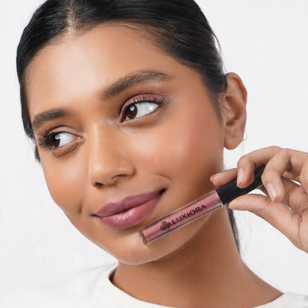Bare Vibe mauve nude Model wearing Luxiora Bare Vibe mauve nude lipstick on Indian skin, velvet matte