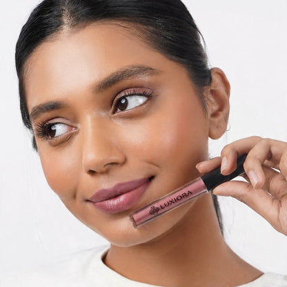 Bare Vibe mauve nude Model wearing Luxiora Bare Vibe mauve nude lipstick on Indian skin, velvet matte