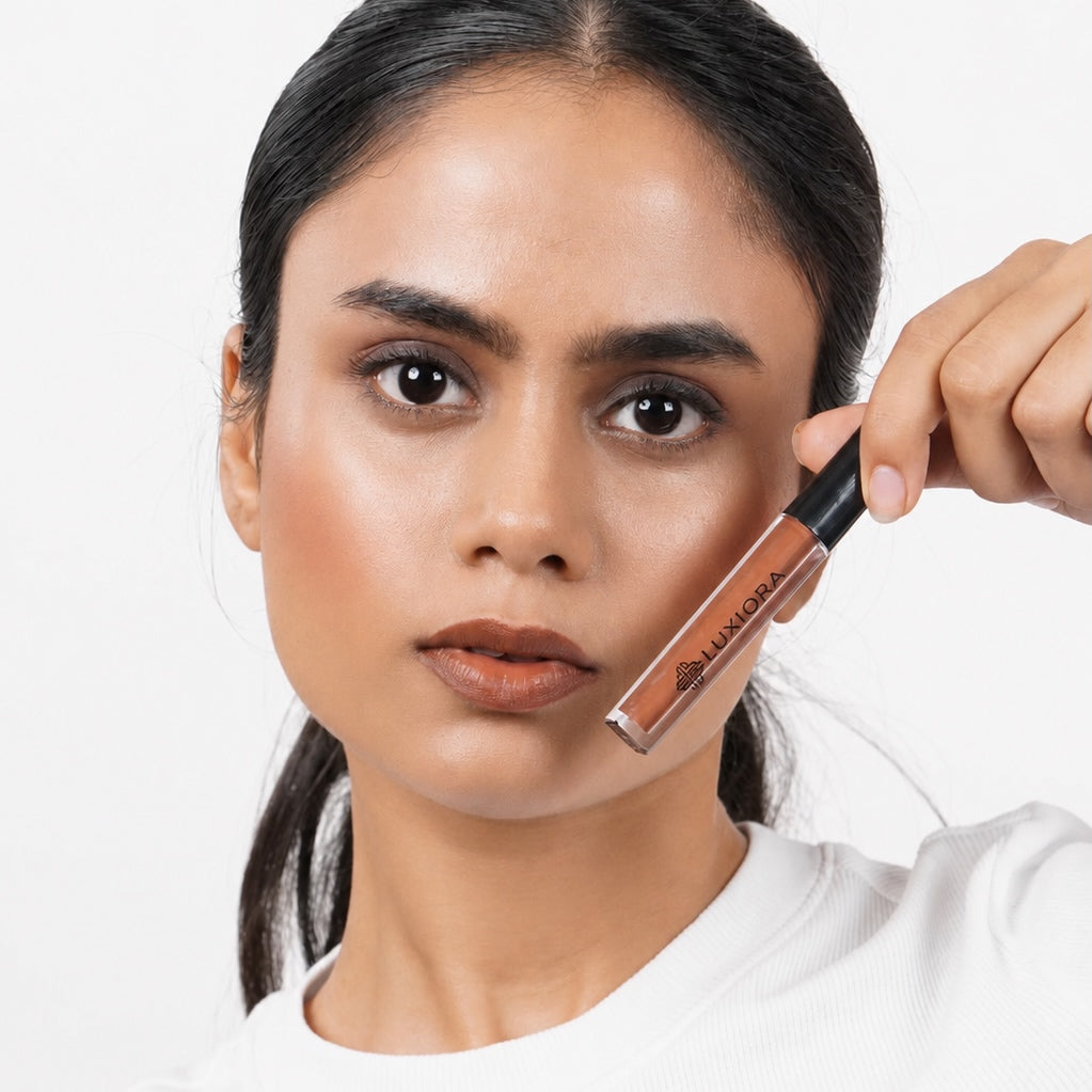 Chai Date caramel brown nude Model wearing Luxiora hai Date caramel brown nude lipstick on Indian skin, velvet matte brown nude lipstick — solid and trending (the 90s brown-nude comeback)