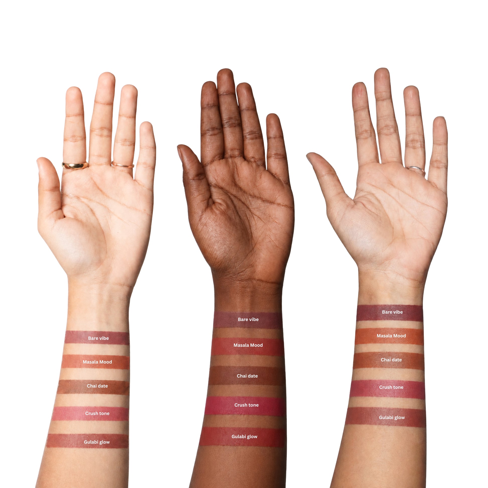Chai Date caramel brown nude lipstick swatch on dusky Indian skin — Luxiora velvet matte