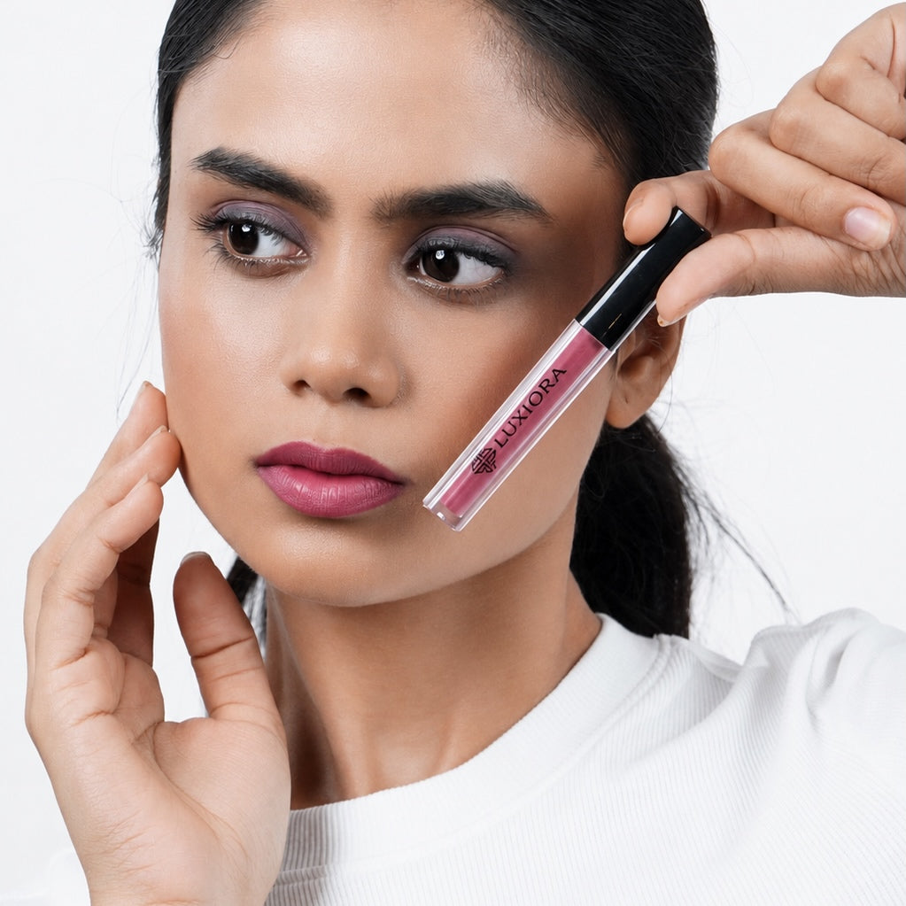 Crush_Tone_berry Model wearing Luxiora Crush Tone berry pink lipstick on Indian skin, velvet matte