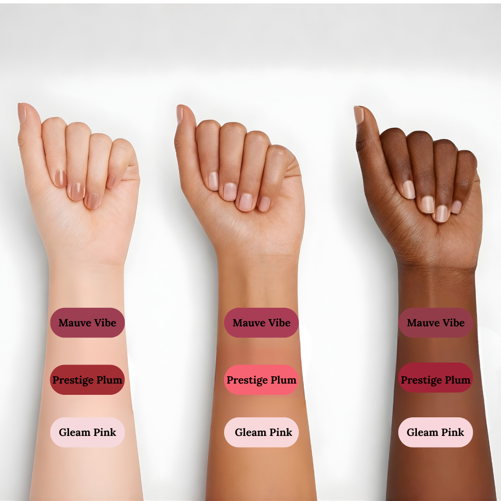 skin tones wearing swatches of makeup labeled 'Mauve Vibe', 'Prestige Plum', and 'Gleam Pink' on a white background.