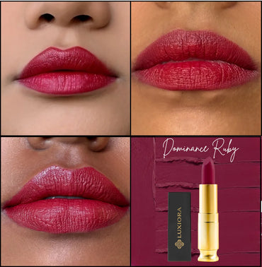 Dominance Ruby by Luxiora, bold ruby red cream matte lipstick, vegan, lightweight, hydrating, SPF15+