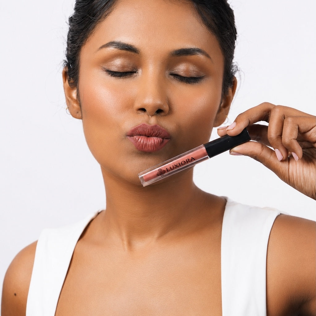 Gulabi_Glow Model wearing Luxiora  Gulabi Glow rosy pink nude lipstick  on Indian skin, velvet matte