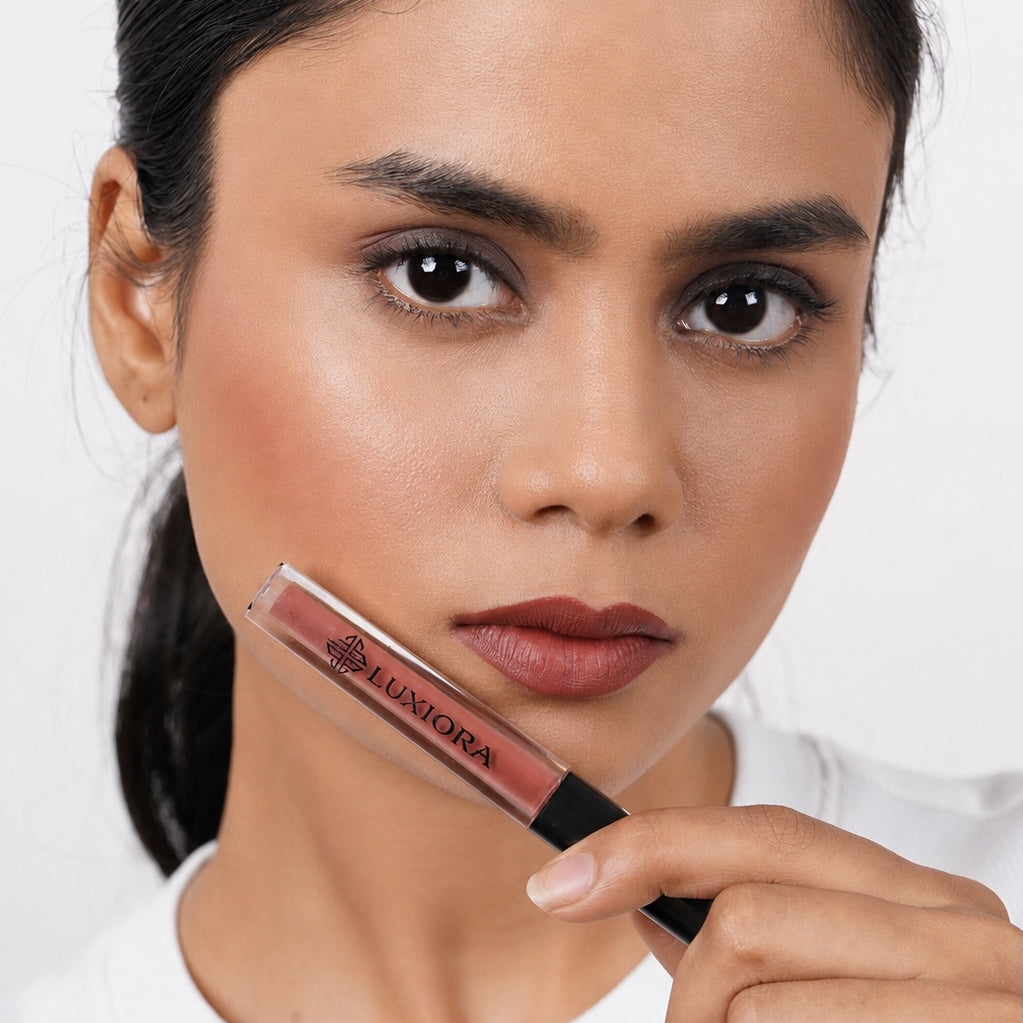 Gulabi_Glow Model wearing Luxiora  Gulabi Glow rosy pink nude lipstick  on Indian skin, velvet matte