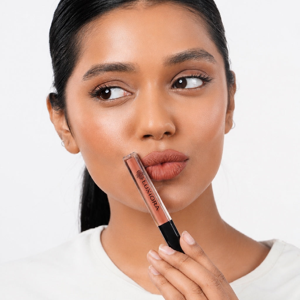 Gulabi_Glow Model wearing Luxiora  Gulabi Glow rosy pink nude lipstick  on Indian skin, velvet matte