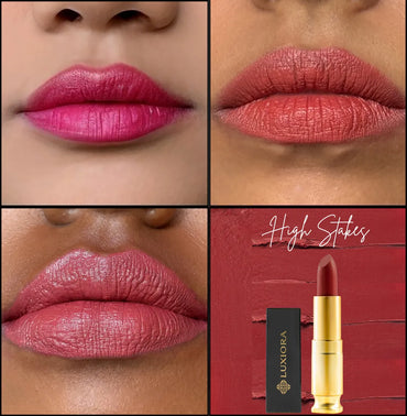 High Stakes by Luxiora, bold crème matte lipstick, lightweight, vegan, SPF15+