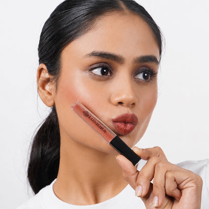Masala Mood spiced terracotta nude liquid lipstick swatched on warm Indian skin — Luxiora Nude velvet matte lipstick