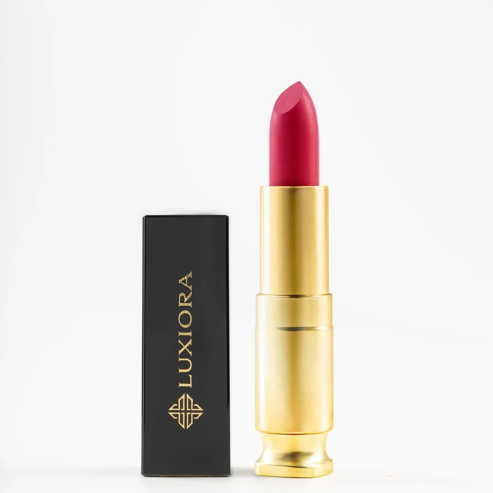 Luxiora Luxe Legacy creamy matte liquid lipstick, SPF15+, enriched with Vitamin E, Candelilla, Pearl, Rosemary, Olive Oil.