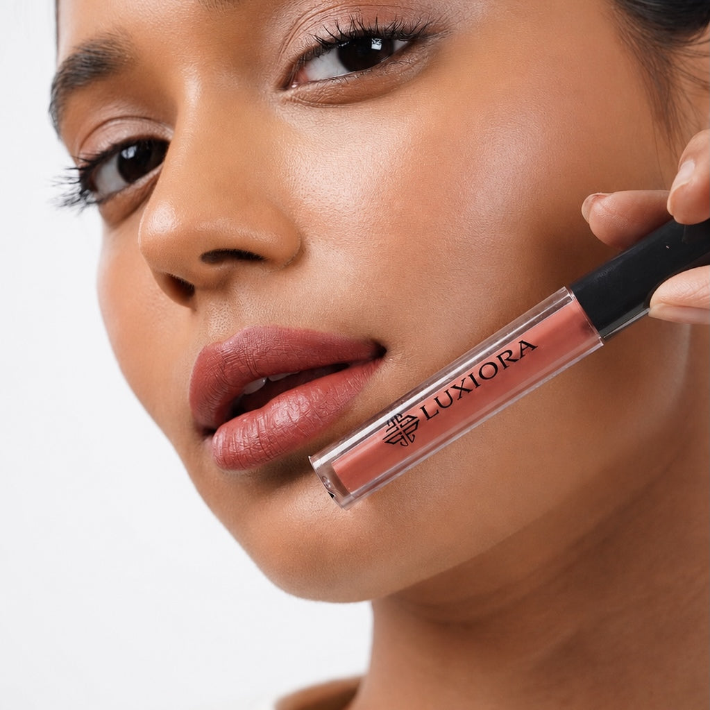 Masala Mood spiced terracotta nude liquid lipstick swatched on warm Indian skin — Luxiora Nude velvet matte lipstick