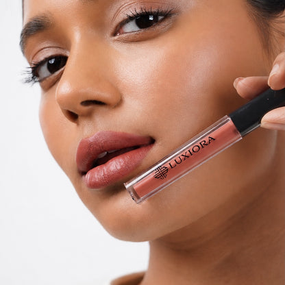 Masala Mood spiced terracotta nude liquid lipstick swatched on warm Indian skin — Luxiora Nude velvet matte lipstick