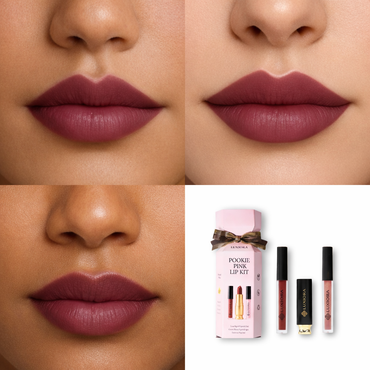 Lipstick shades on lips with Poodle Pink lip kit packaging and lipsticks displayed.