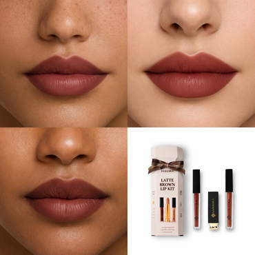 Close-up of lips with a Latte Brown Lip Kit packaging and lipsticks in the corner.